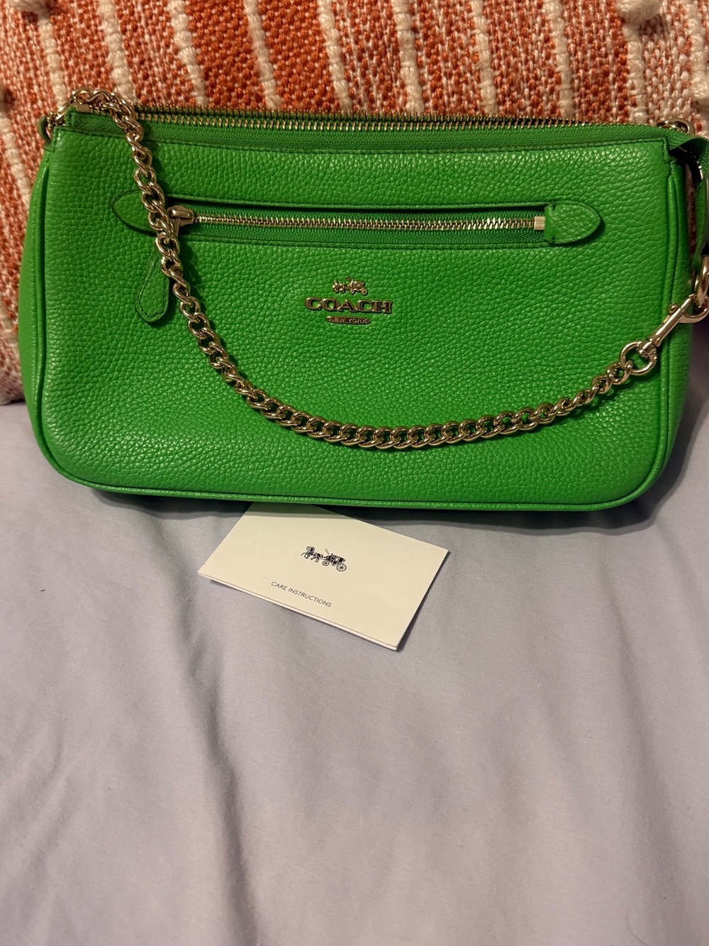 COACH Pebbled Leather Shoulder Bag in Bright Green with Gold Chain